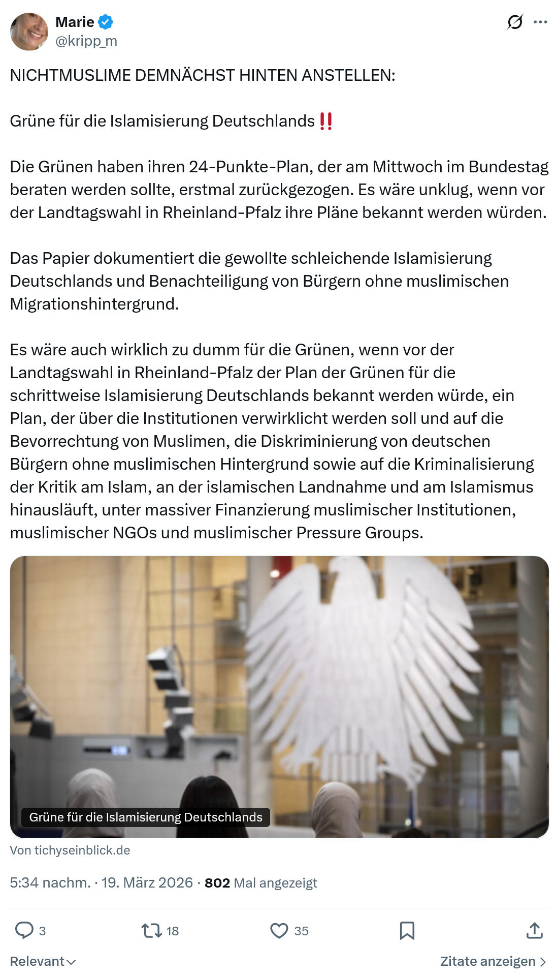Marie kripp: NICHTMUSLIME DEMNÄCHST HINTEN ANSTELLEN…