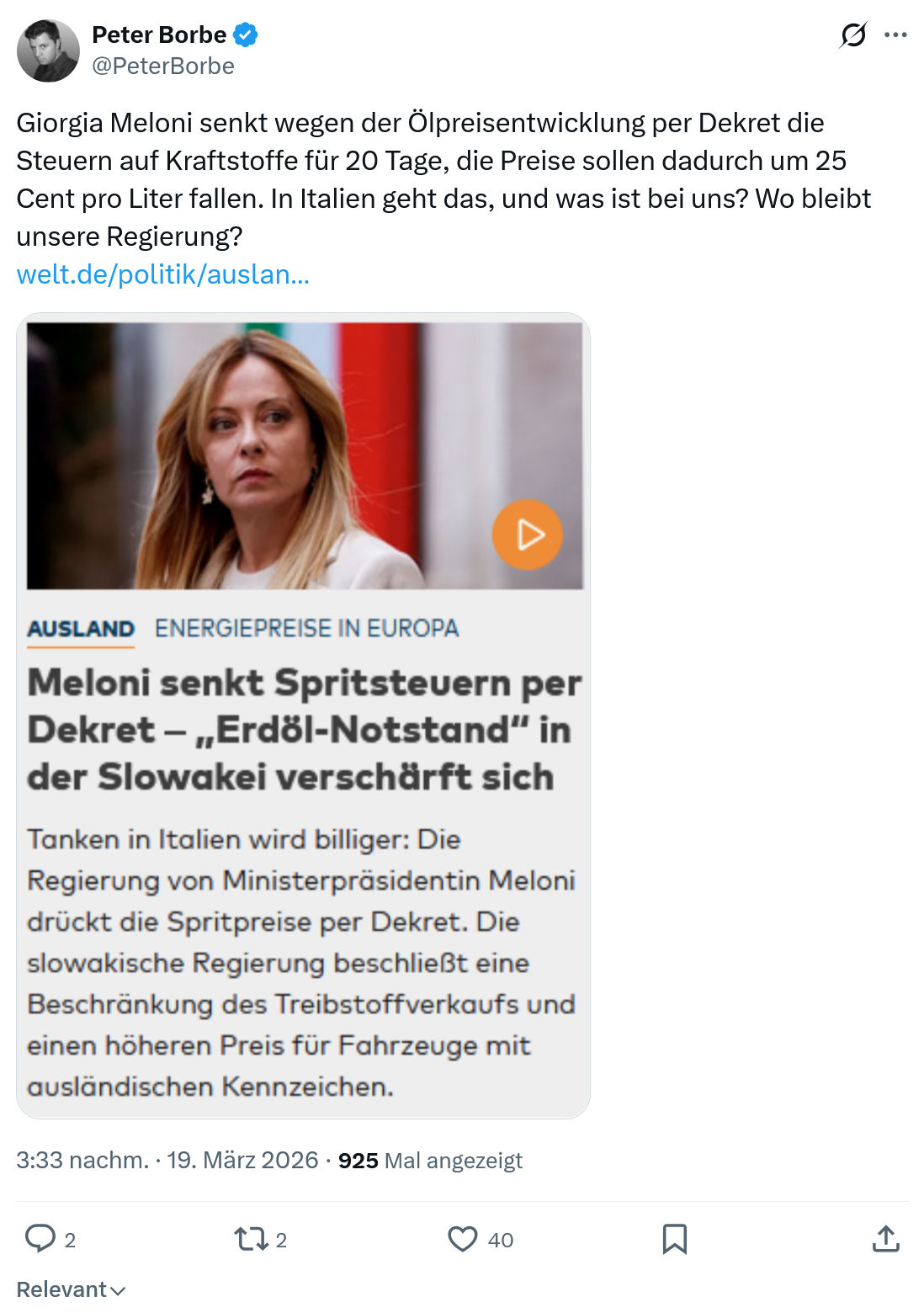 Peter Borbe: Giorgia Meloni senkt wegen der Ölpreisentwicklung…