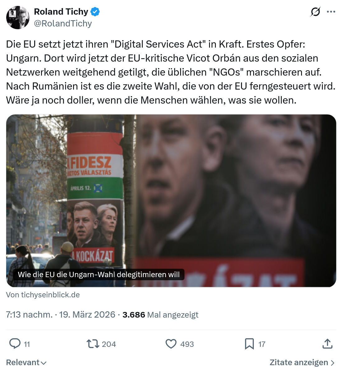 Roland Tichy: Die EU setzt jetzt ihren "Digital Services Act"…
