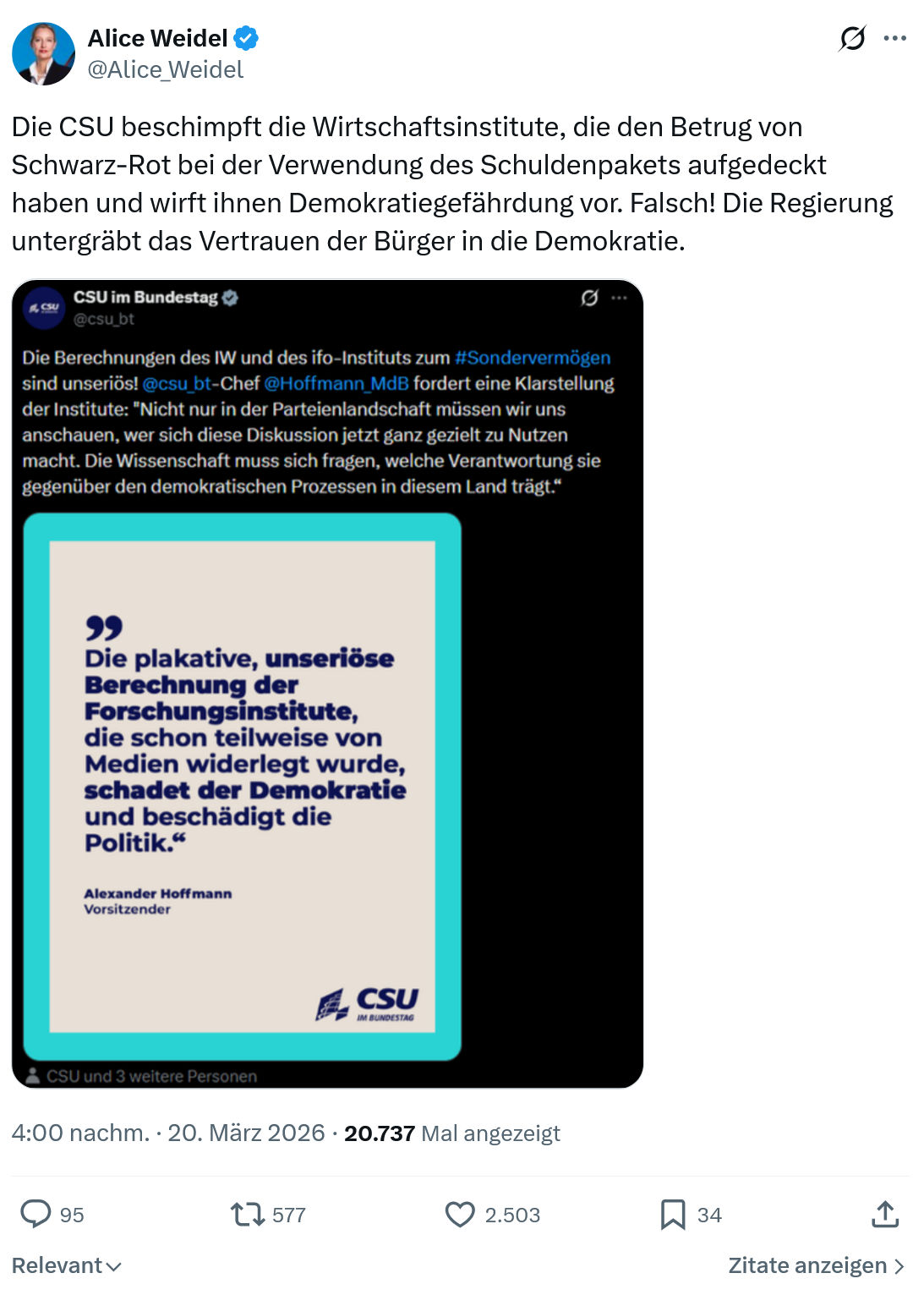 Alice Weidel: Die CSU beschimpft die Wirtschaftsinstitute...
