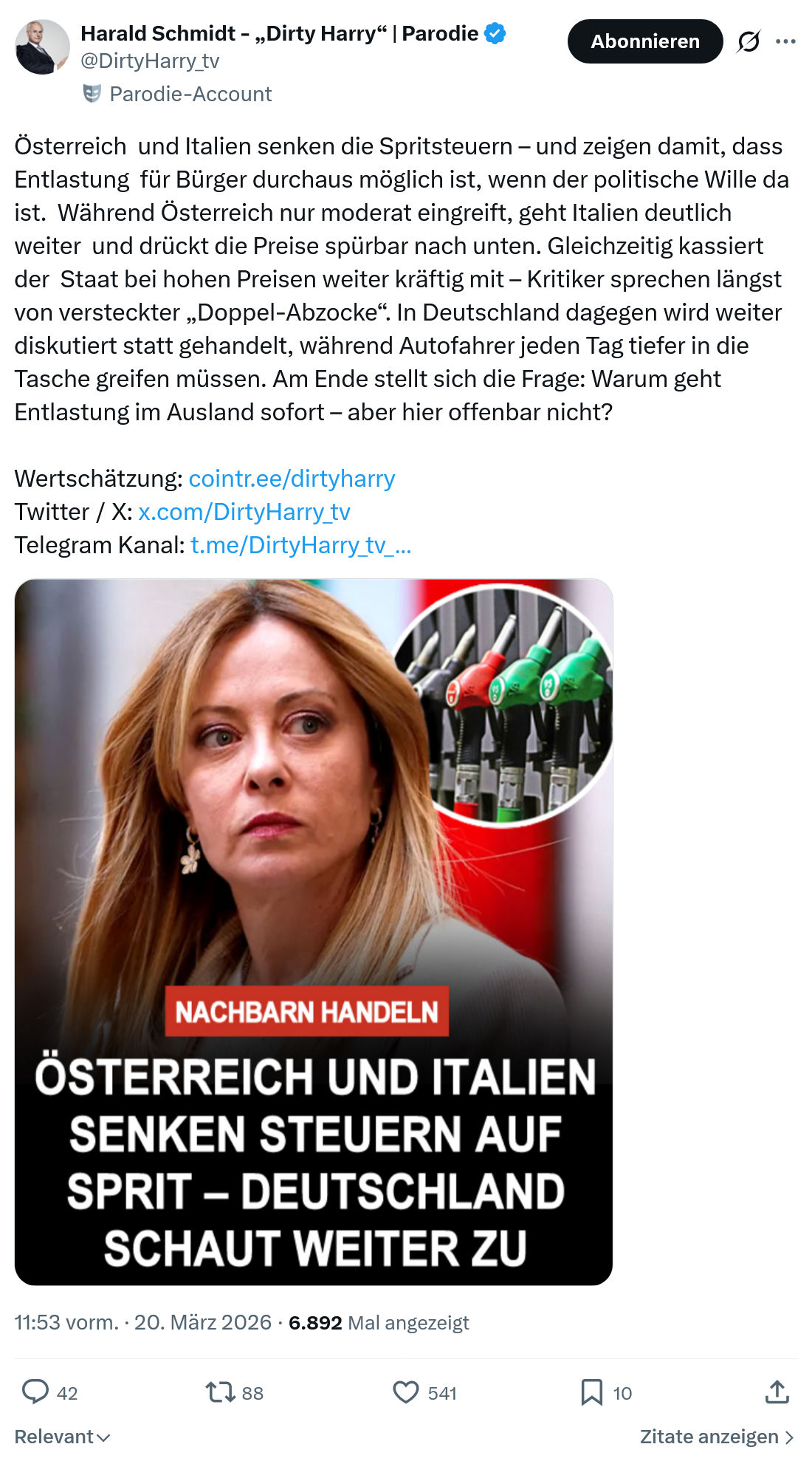 Harald Schmidt: Österreich  und Italien senken die Spritsteuern…