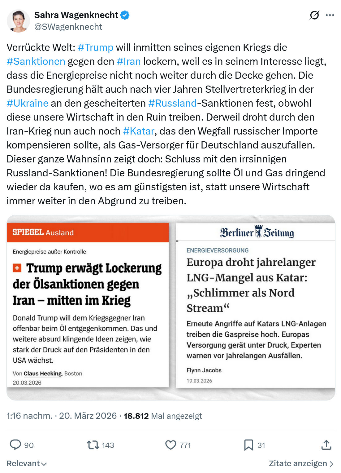 Sahra Wagenknecht: Verrückte Welt…