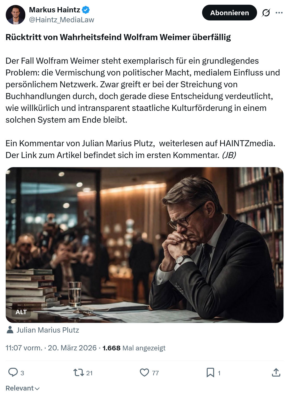 Markus Haintz: Rücktritt von Wahrheitsfeind Wolfram Weimer überfällig…