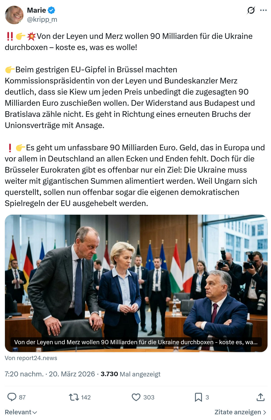 Marie kripp: Von der Leyen und Merz wollen 90 Milliarden…