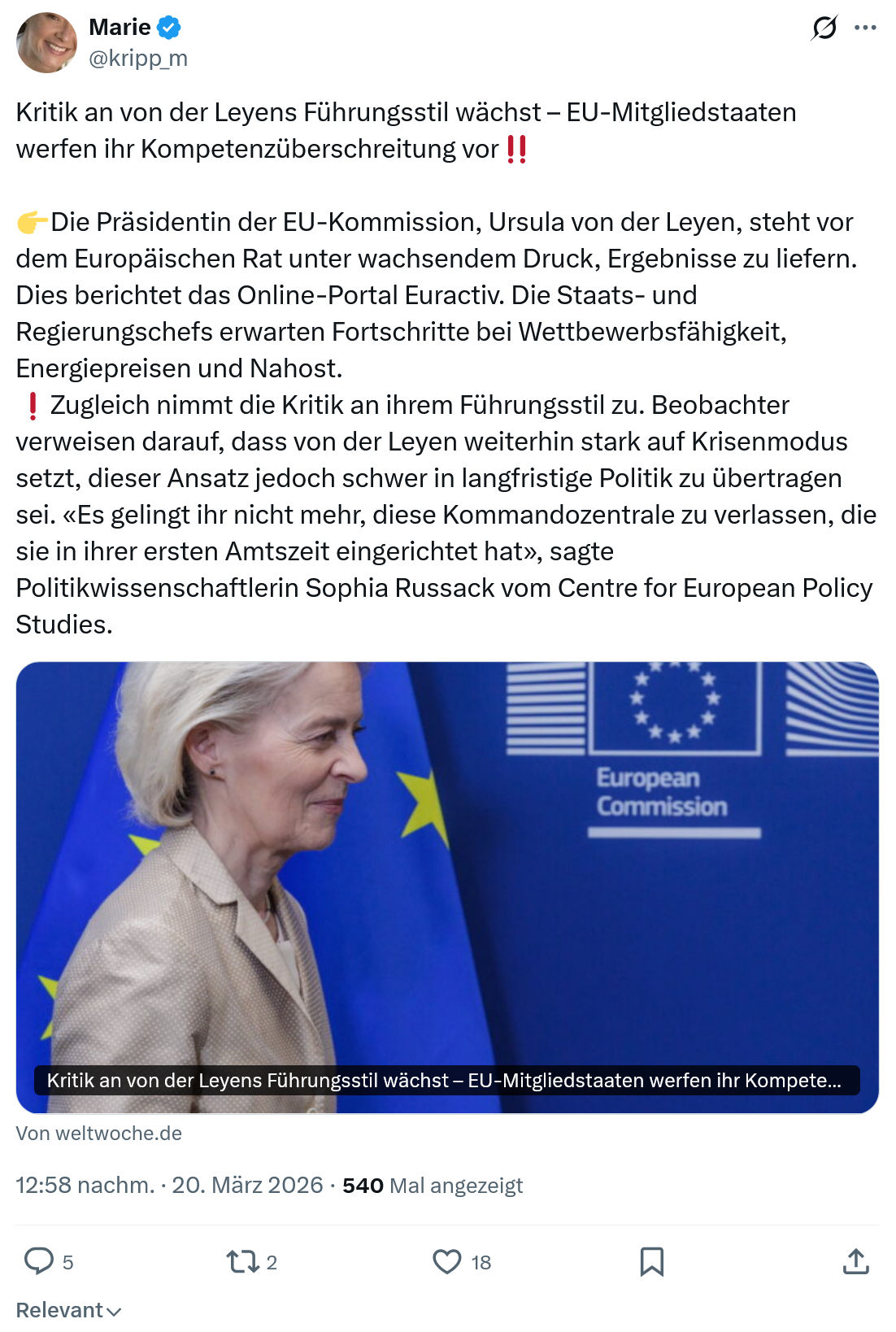 Marie kripp: Kritik an von der Leyens Führungsstil wächst…
