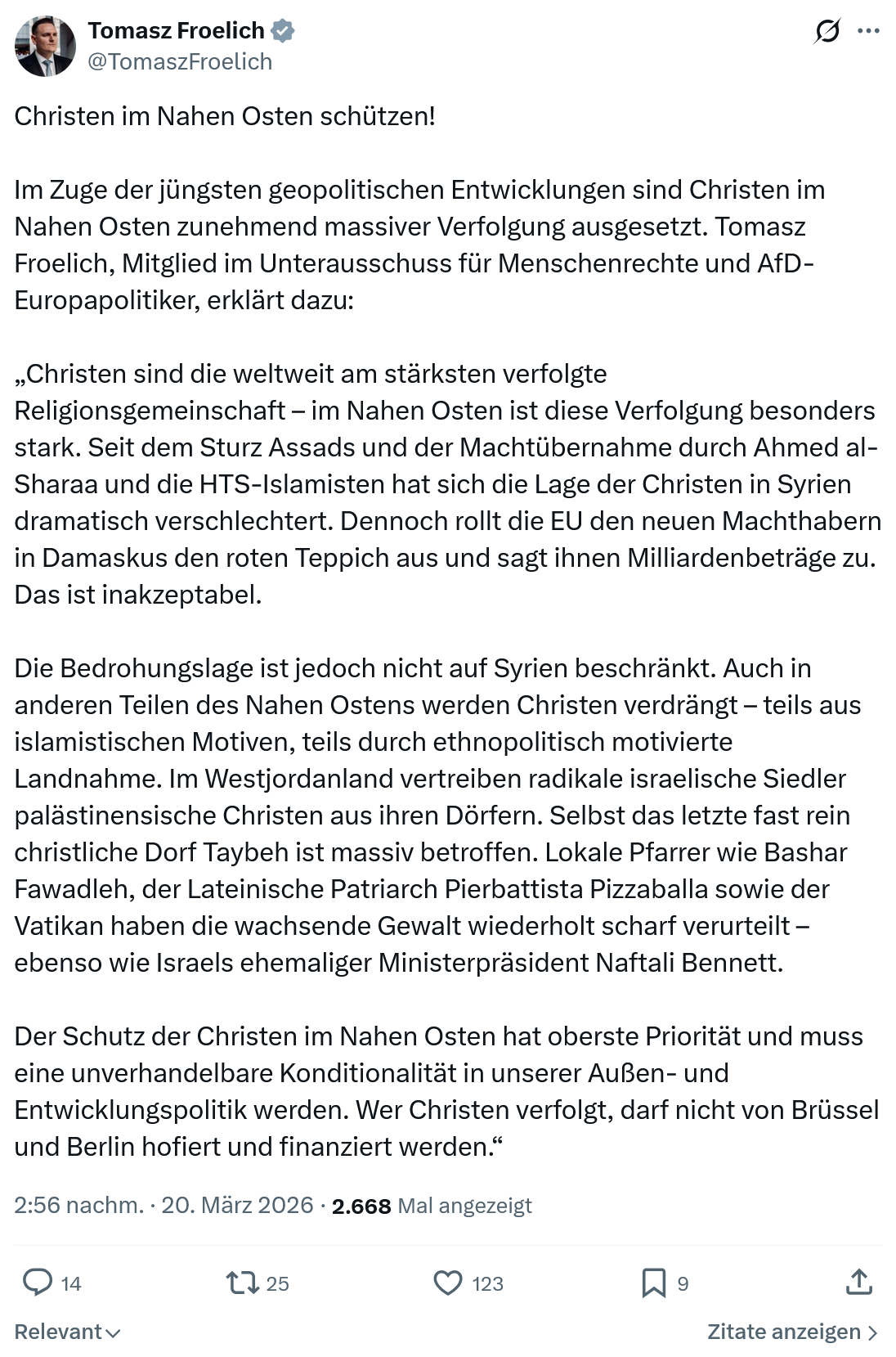 Tomasz Froelich: Christen im Nahen Osten schützen…