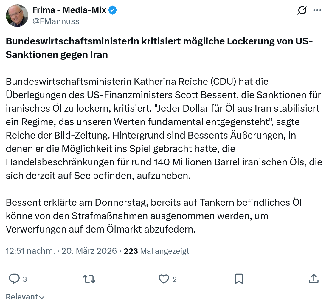 Friedrich Mannus: Bundeswirtschaftsministerin kritisiert mögliche Lockerung…