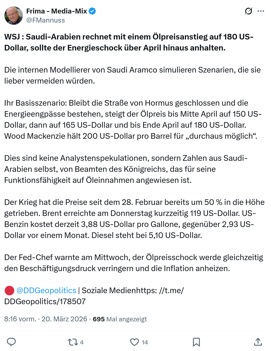 Friedrich Mannus: WSJ : Saudi-Arabien rechnet mit einem Ölpreisanstieg…