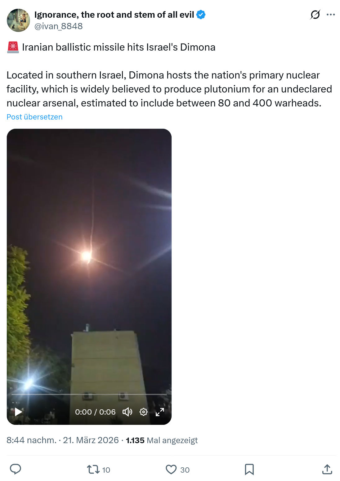ivan Ignorance: Iranian ballistic missile hits Israel's Dimona…