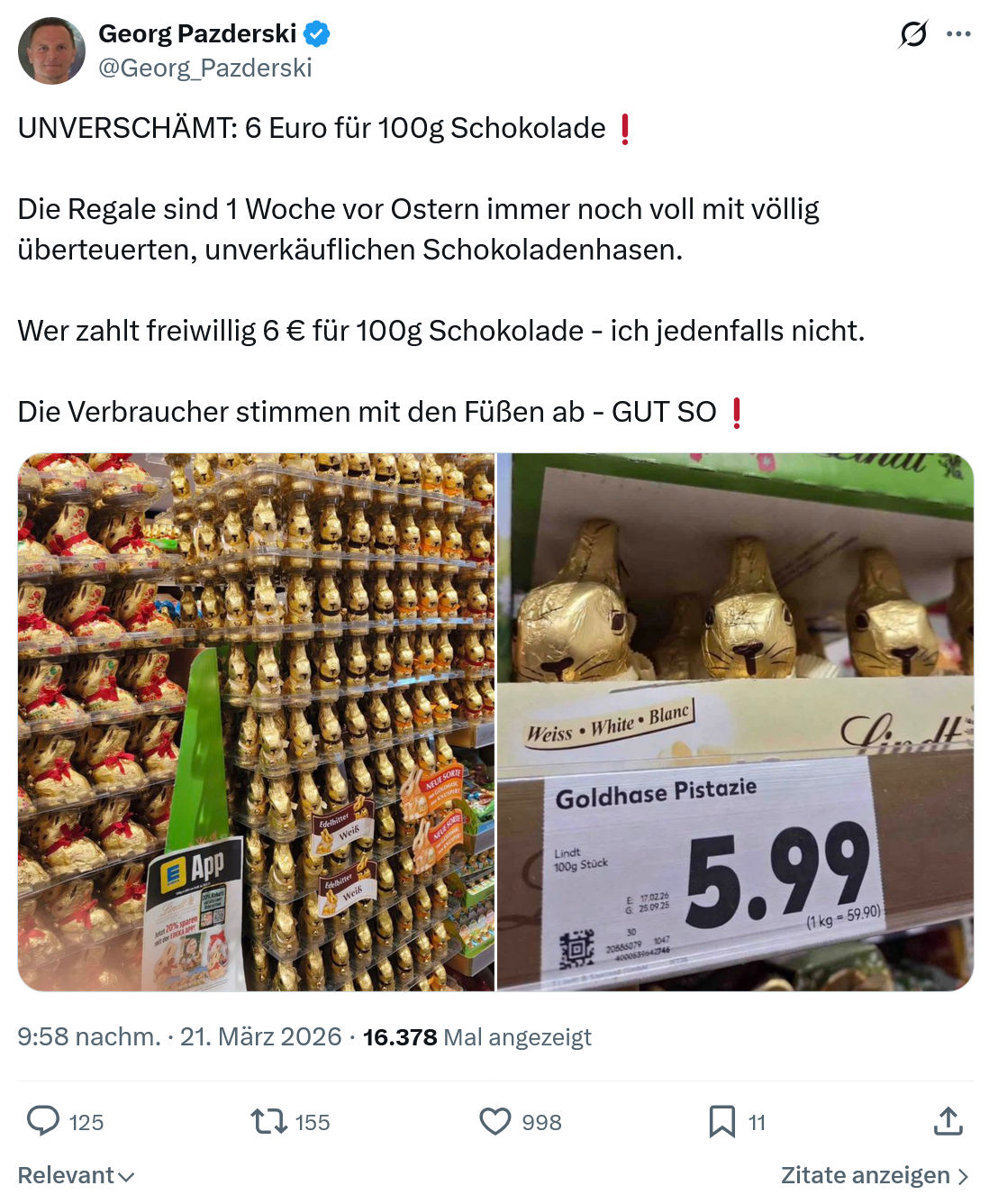 Georg Pazderski: UNVERSCHÄMT: 6 Euro für 100g Schokolade…