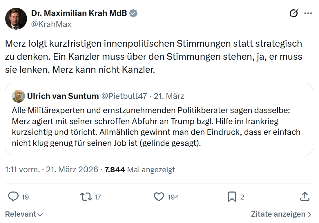 Maximilian Krah: Merz folgt kurzfristigen innenpolitischen Stimmungen…