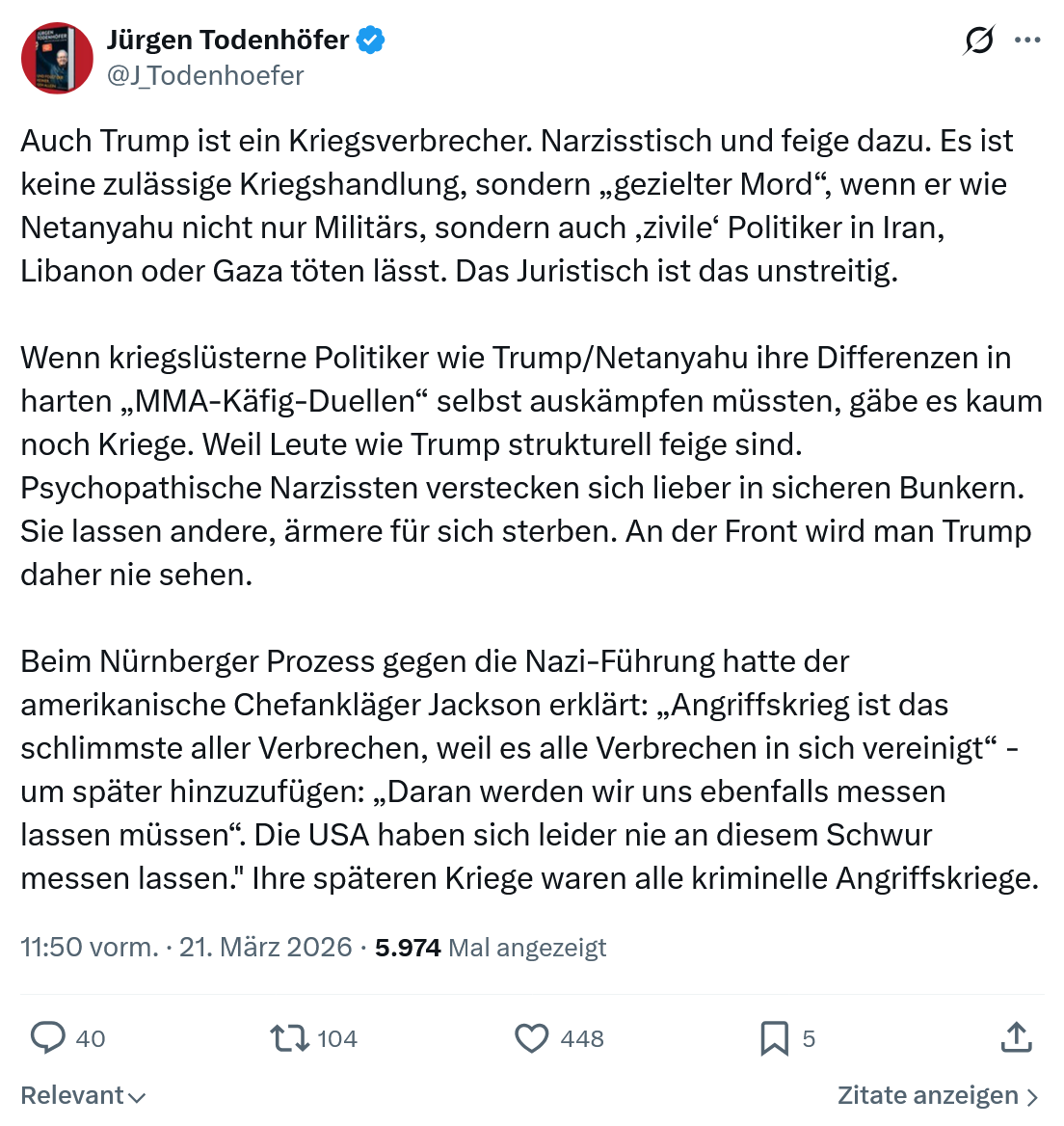 Jürgen Todenhöfer: Auch Trump ist ein Kriegsverbrecher…