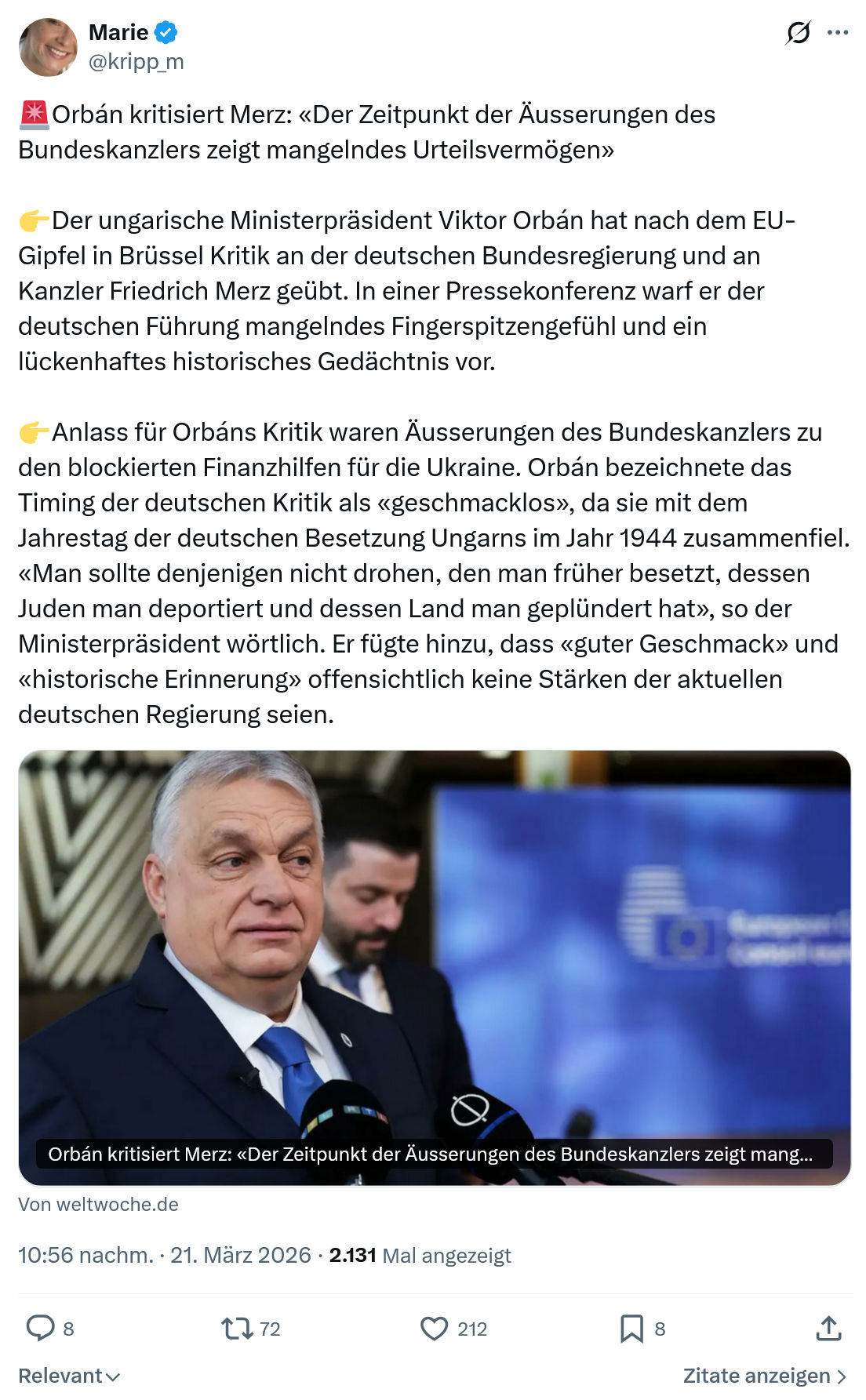 Marie kripp: Orbán kritisiert Merz…