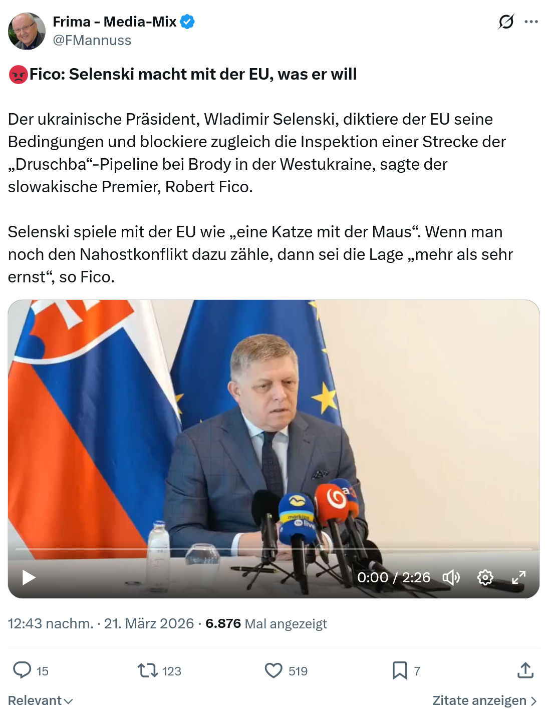 Friedrich Mannus: Fico: Selenski macht mit der EU…