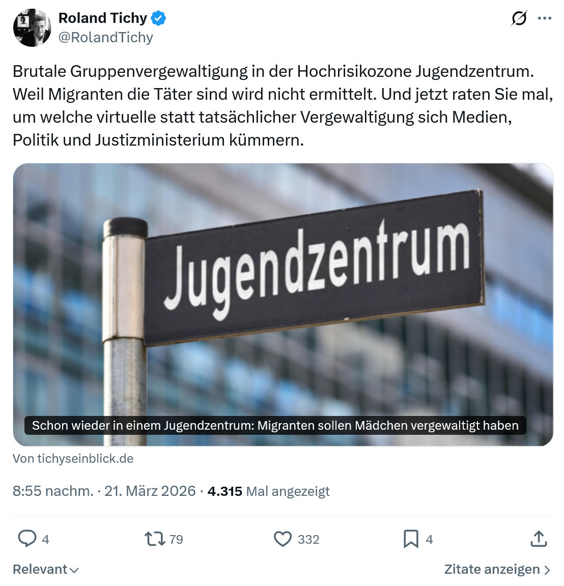 Roland Tichy: Brutale Gruppenvergewaltigung in der Hochrisikozone Jugendzentrum…