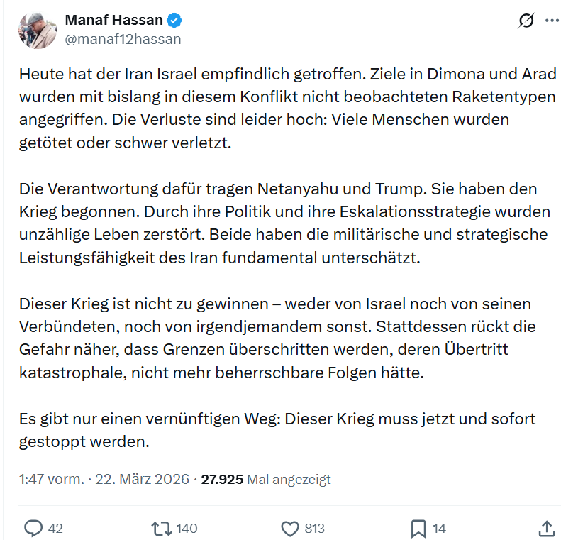 Manaf Hassan: Heute hat der Iran Israel…