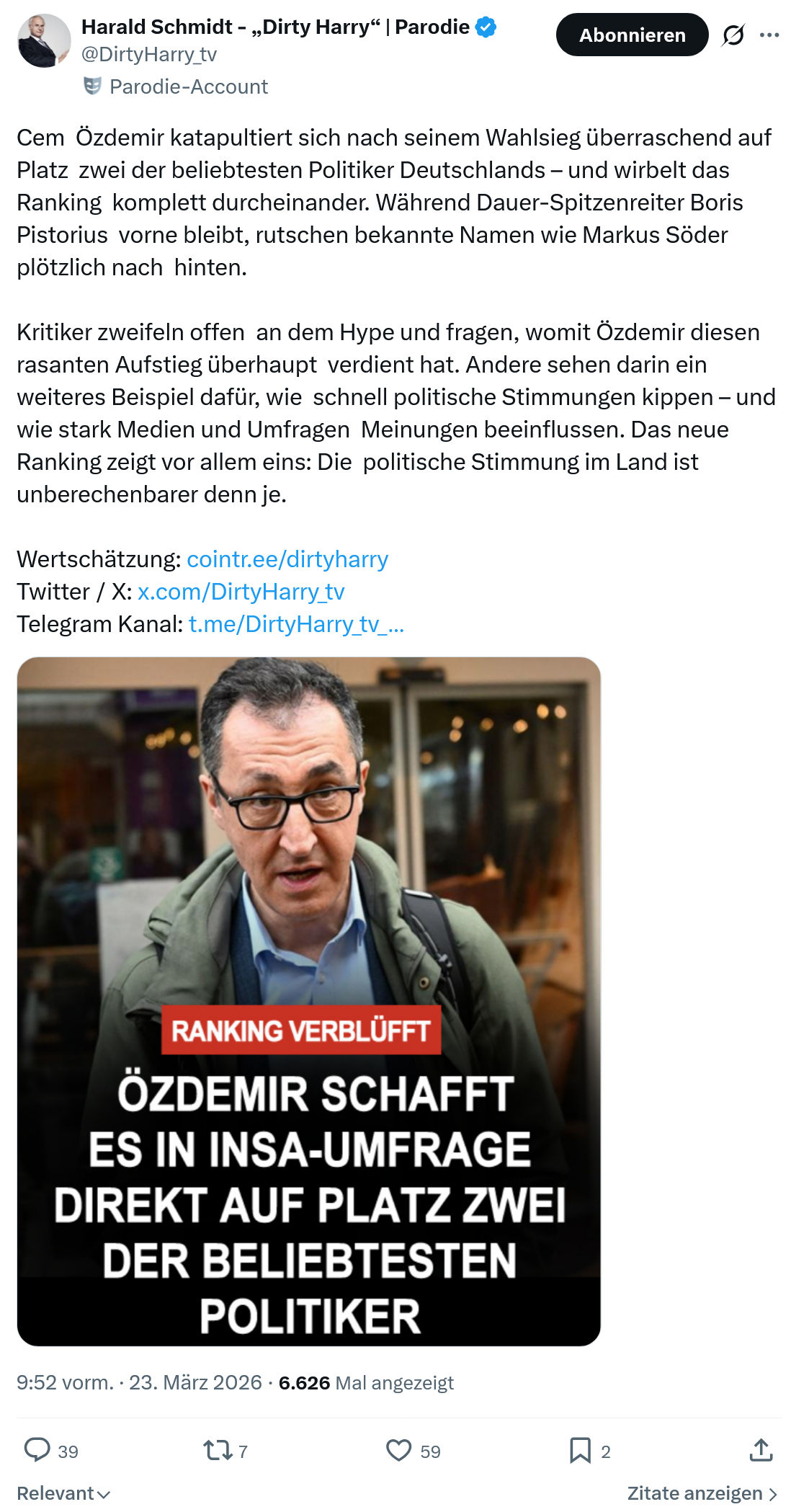 Harald Schmidt: Cem  Özdemir katapultiert sich nach seinem Wahlsieg…