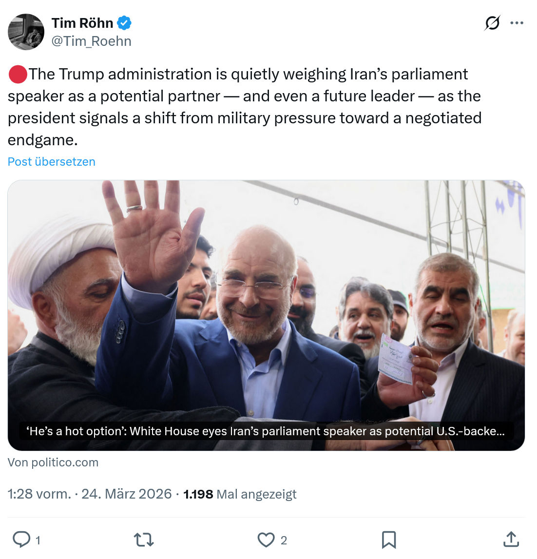 Tim Röhn: The Trump administration is quietly weighing Iran’s parliament…