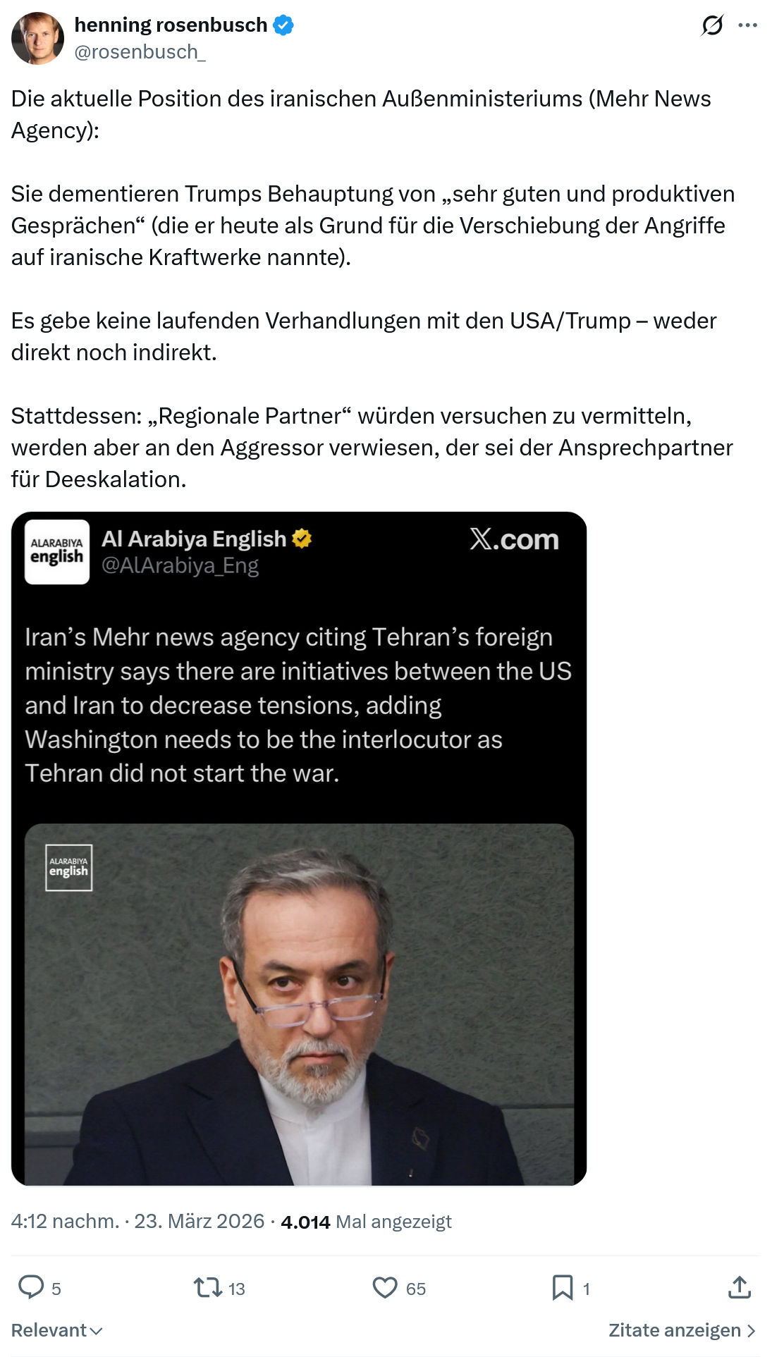 henning rosenbusch: Die aktuelle Position des iranischen Außenministeriums…