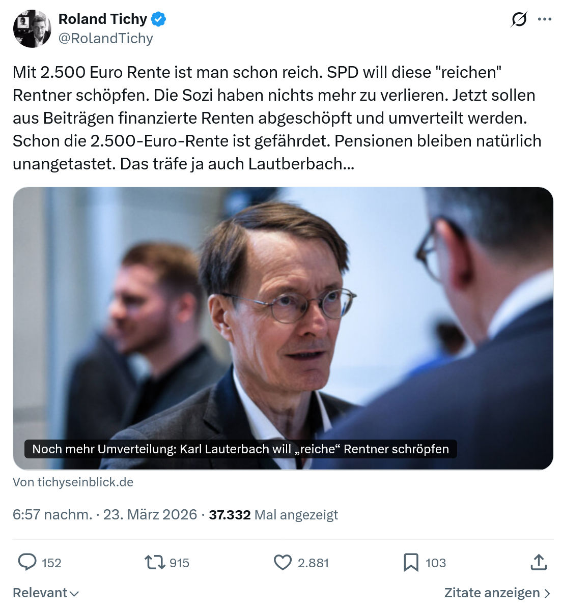Roland Tichy: Mit 2.500 Euro Rente ist man schon reich…