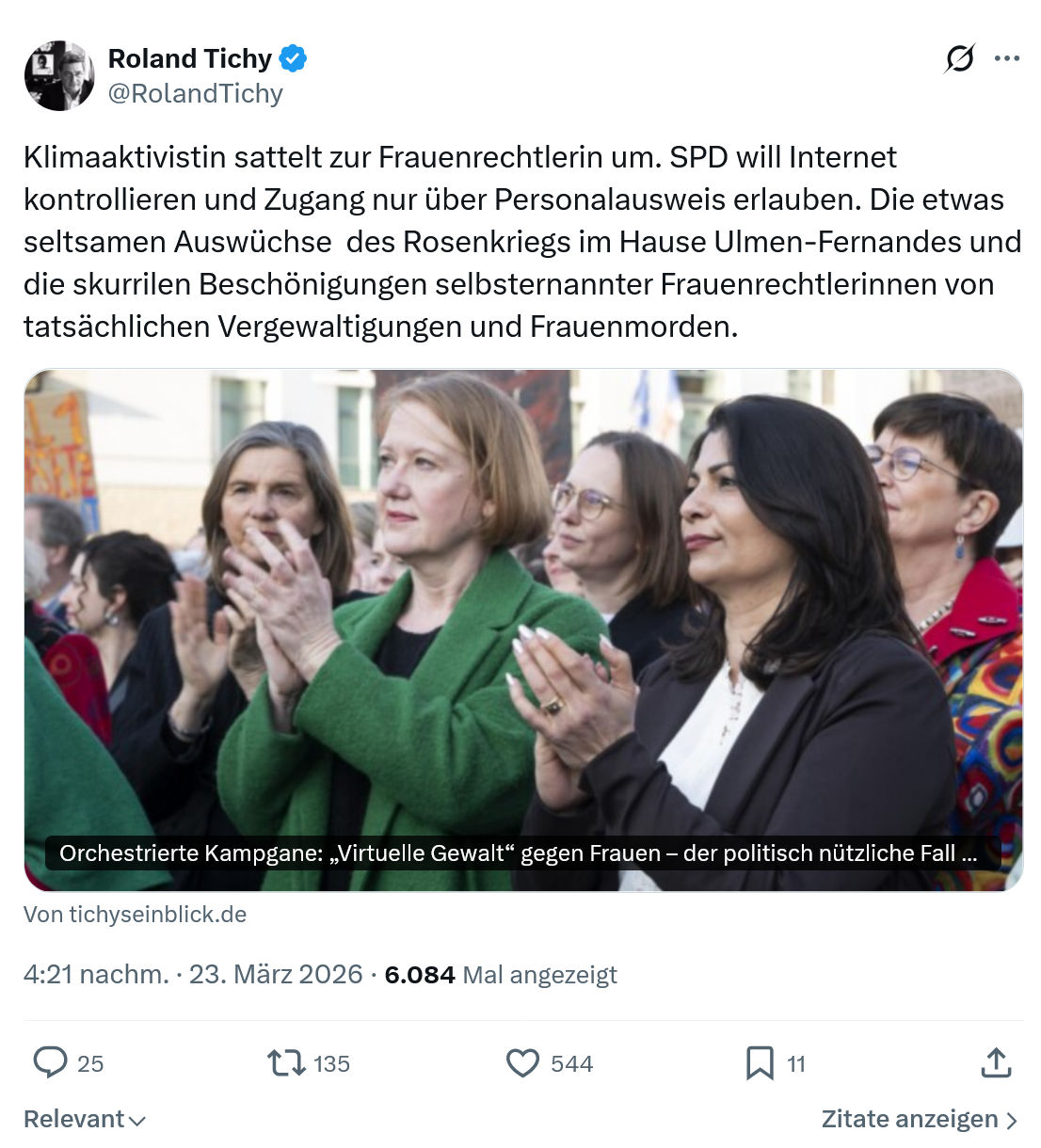 Roland Tichy: Klimaaktivistin sattelt zur Frauenrechtlerin um…