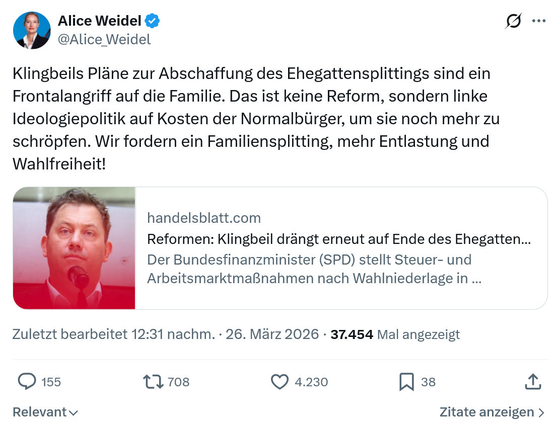 Alice Weidel: Klingbeils Pläne zur Abschaffung des Ehegattensplittings…
