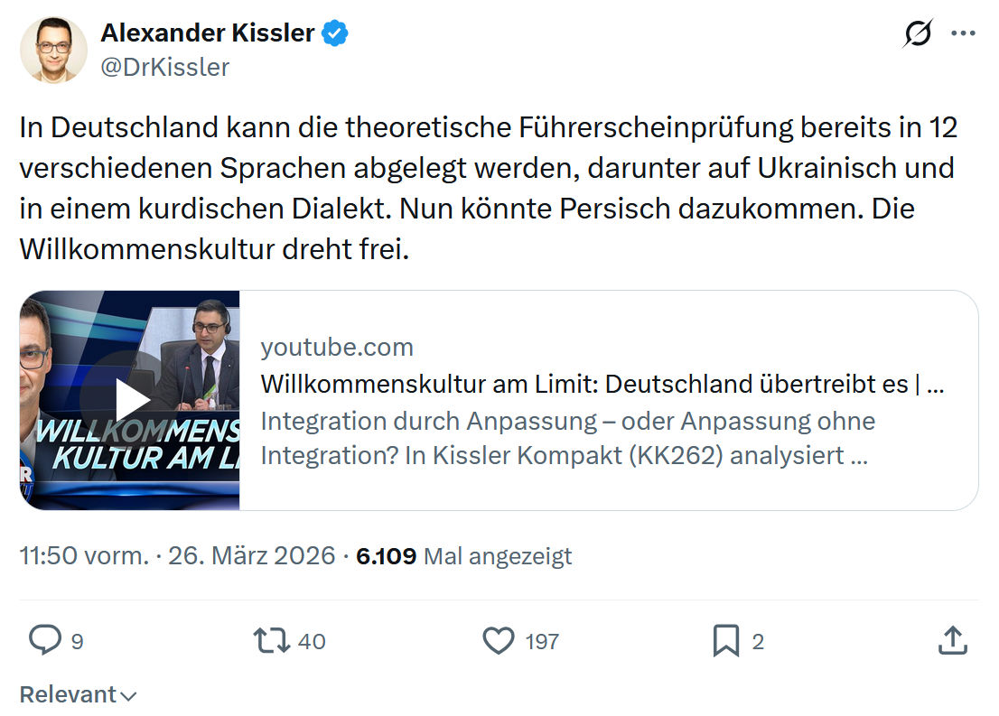 Alexander Kissler: In Deutschland kann die theoretische Führerscheinprüfung…