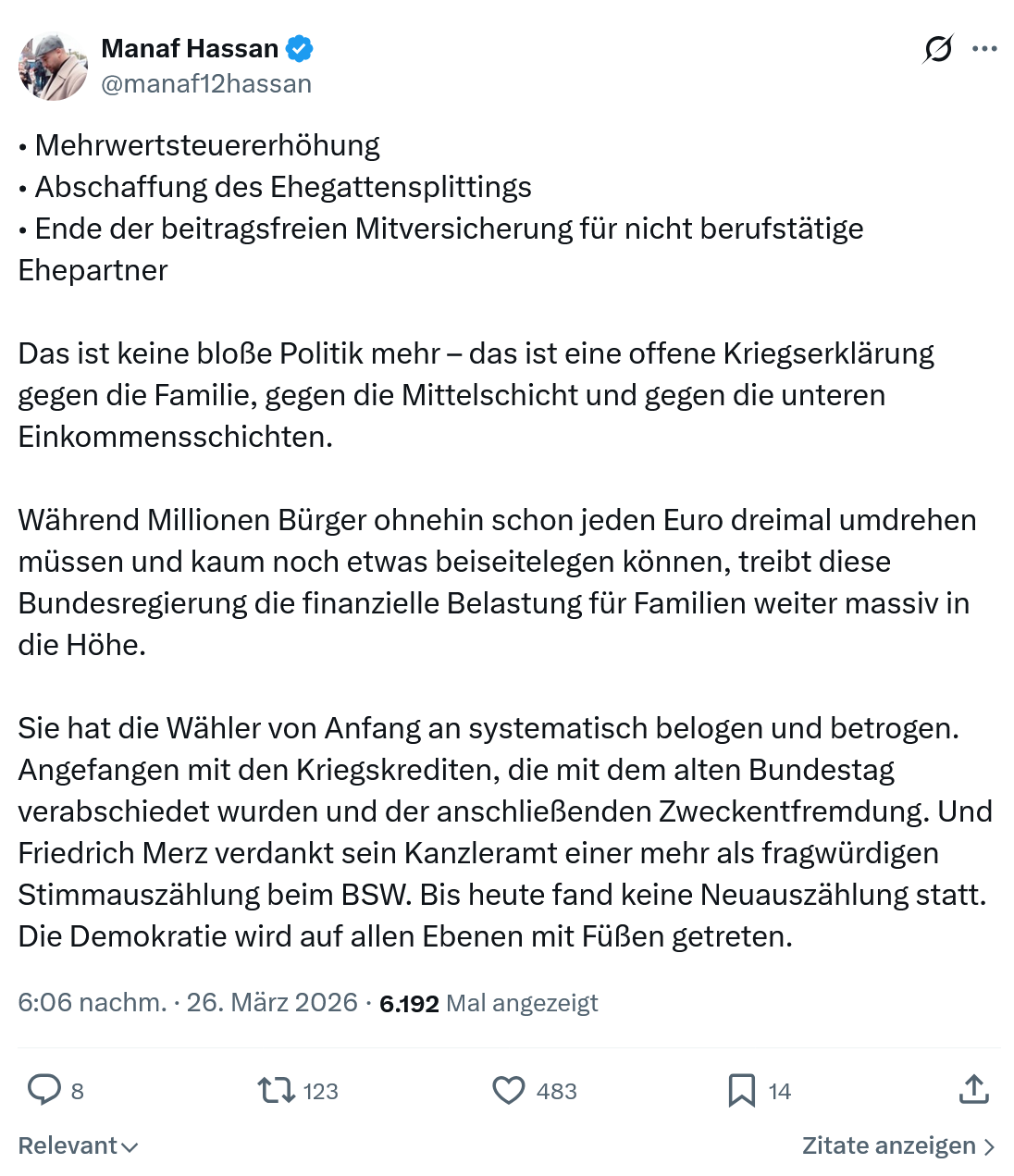 Manaf Hassan: Mehrwertsteuererhöhung…
