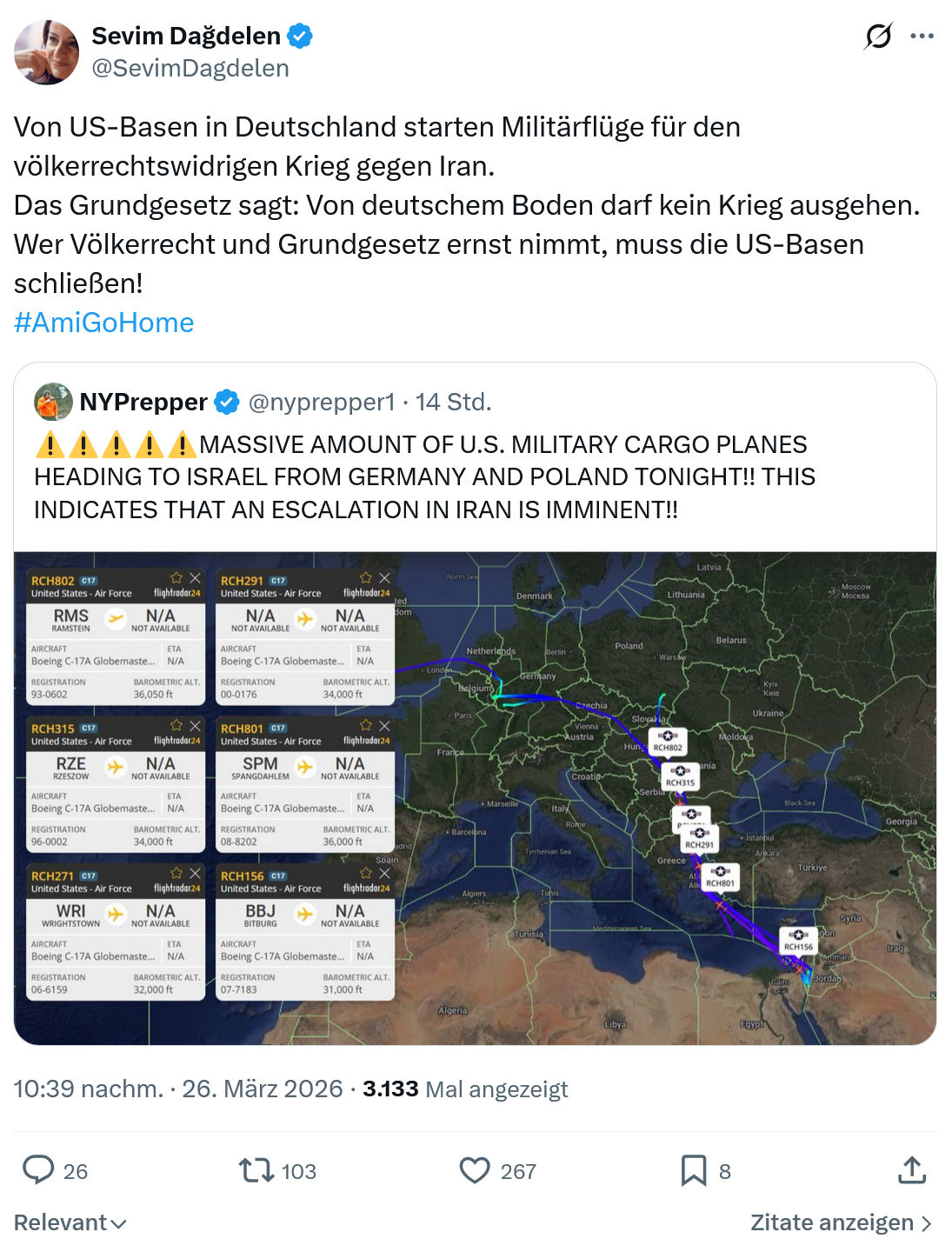 Sevim Dagdelen: Von US-Basen in Deutschland starten Militärflüge…
