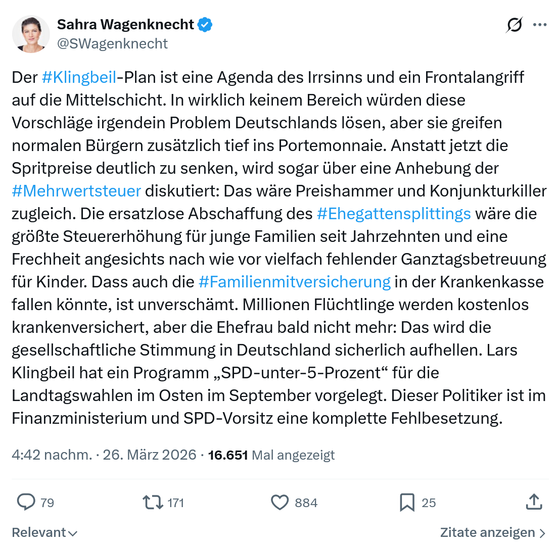 Sahra Wagenknecht: Der #Klingbeil-Plan ist eine Agenda…