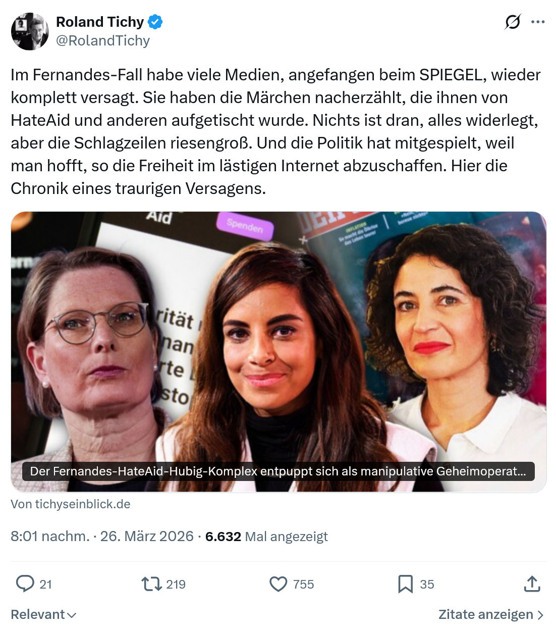 Roland Tichy: Im Fernandes-Fall habe viele Medien, angefangen beim SPIEGEL…