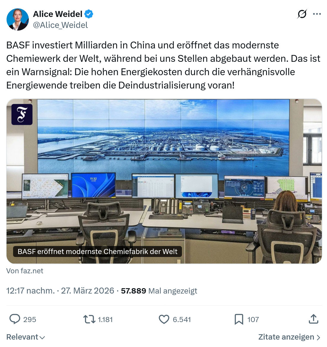 Alice Weidel: BASF investiert Milliarden in China...