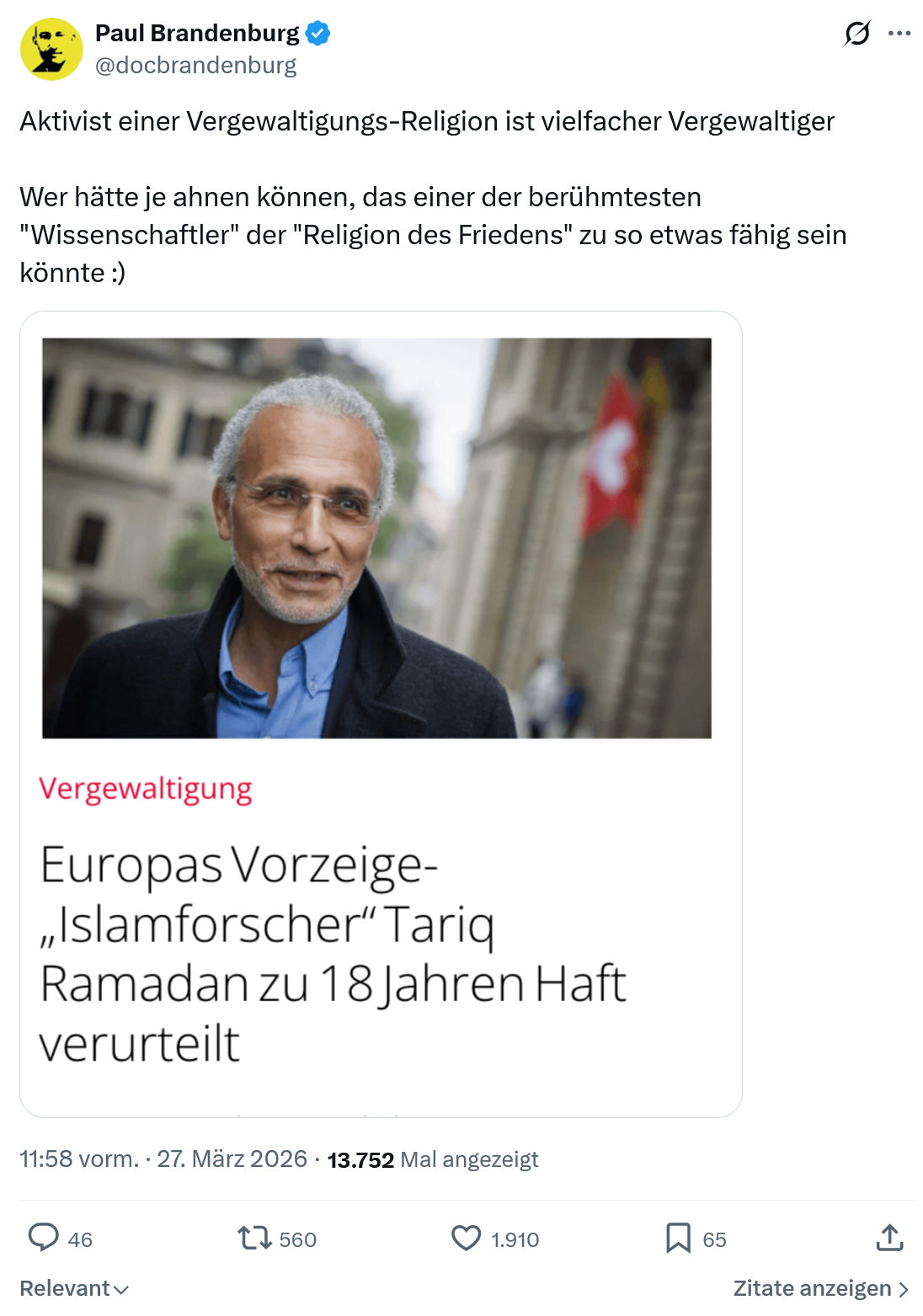 Paul Brandenburg: Aktivist einer Vergewaltigungs-Religion…