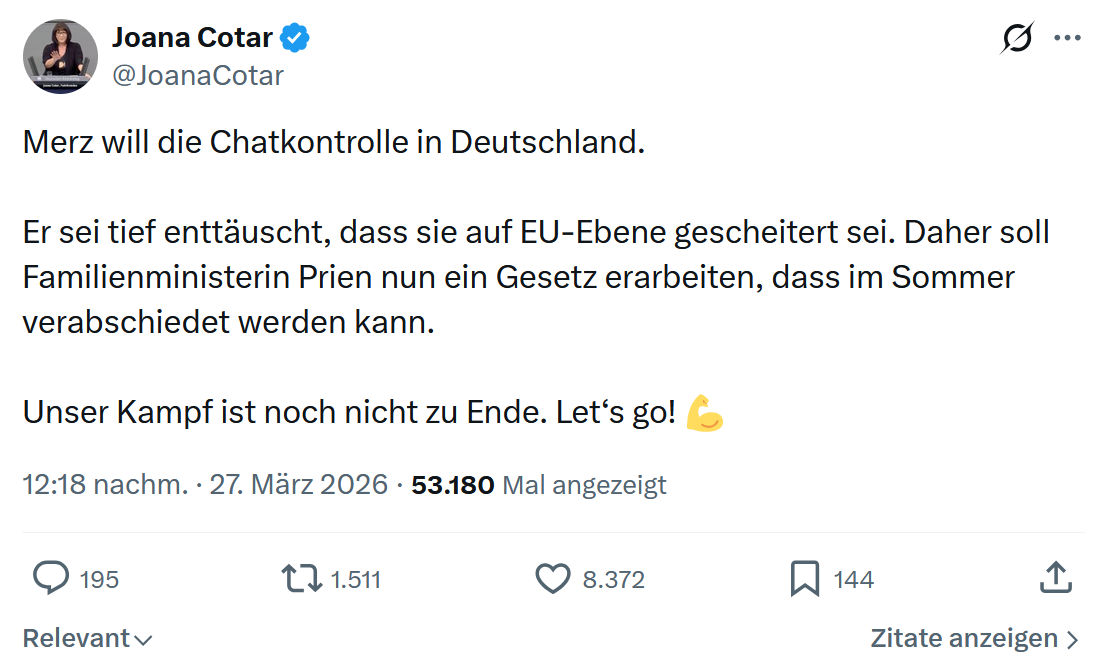 Joana Cotar: Merz will die Chatkontrolle in Deutschland…
