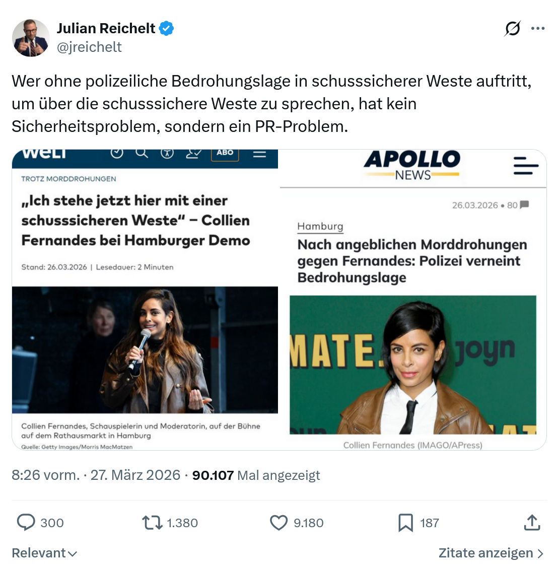 Julian Reichelt: Wer ohne polizeiliche Bedrohungslage in schusssicherer…