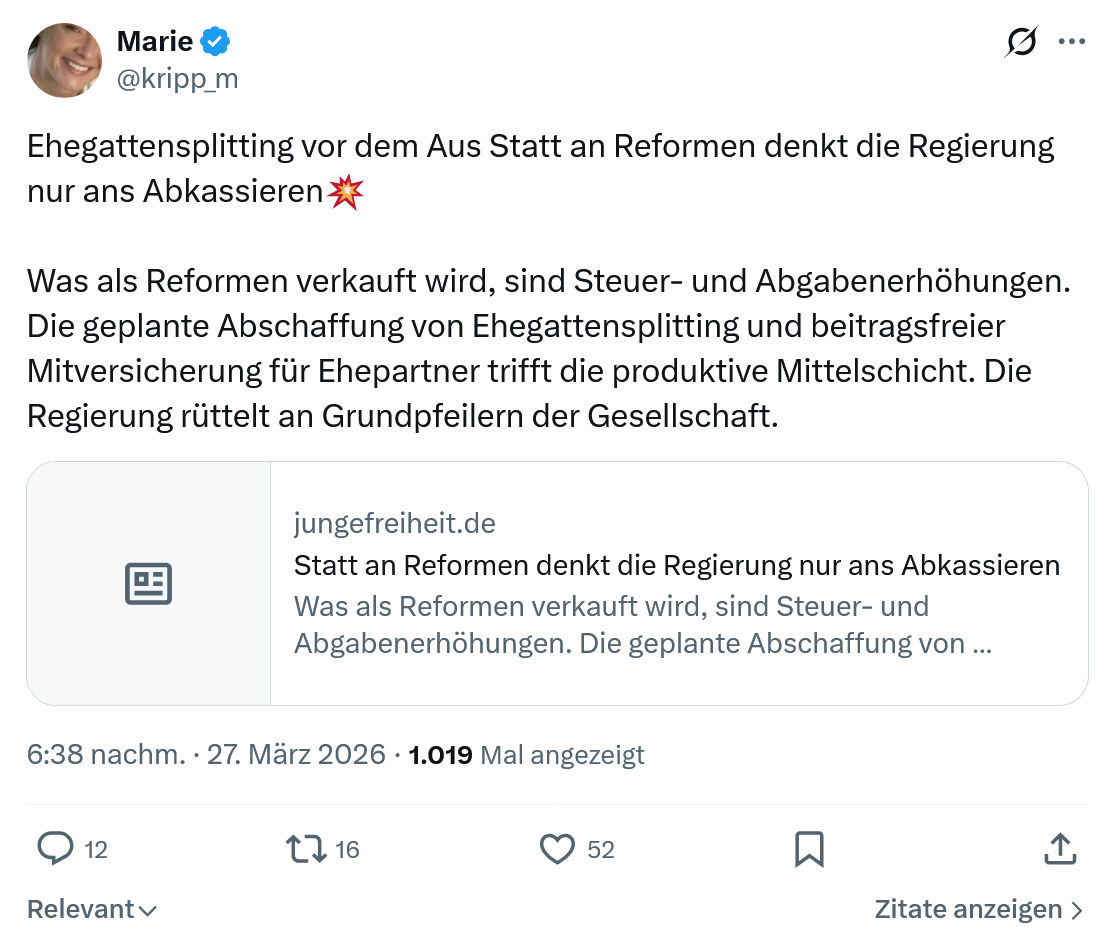 Marie kripp: Ehegattensplitting vor dem Aus Statt an Reformen…