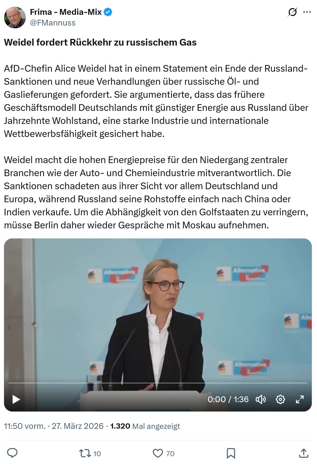 Friedrich Mannus: Weidel fordert Rückkehr zu russischem Gas…