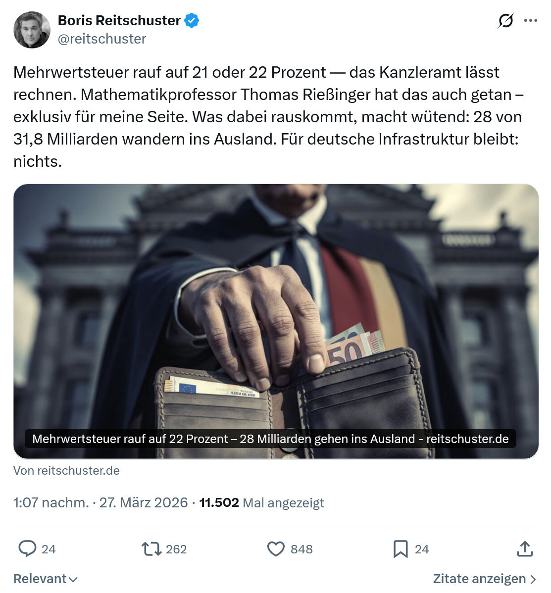 Boris Reitschuster: Mehrwertsteuer rauf auf 21 oder 22 Prozent…