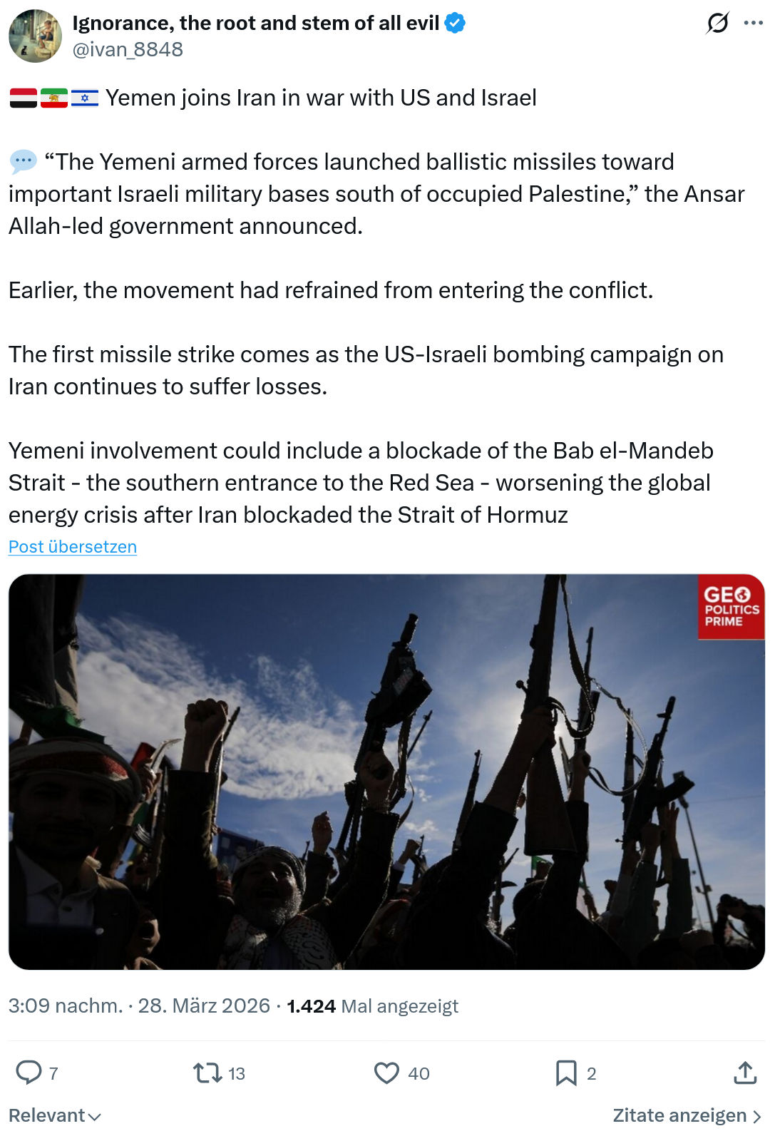 ivan Ignorance: Yemen joins Iran in war with US and Israel…