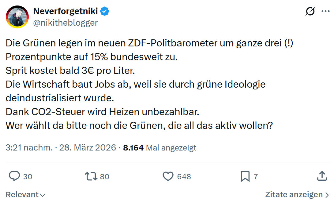 Neverforgetniki: Die Grünen legen im neuen ZDF-Politbarometer…
