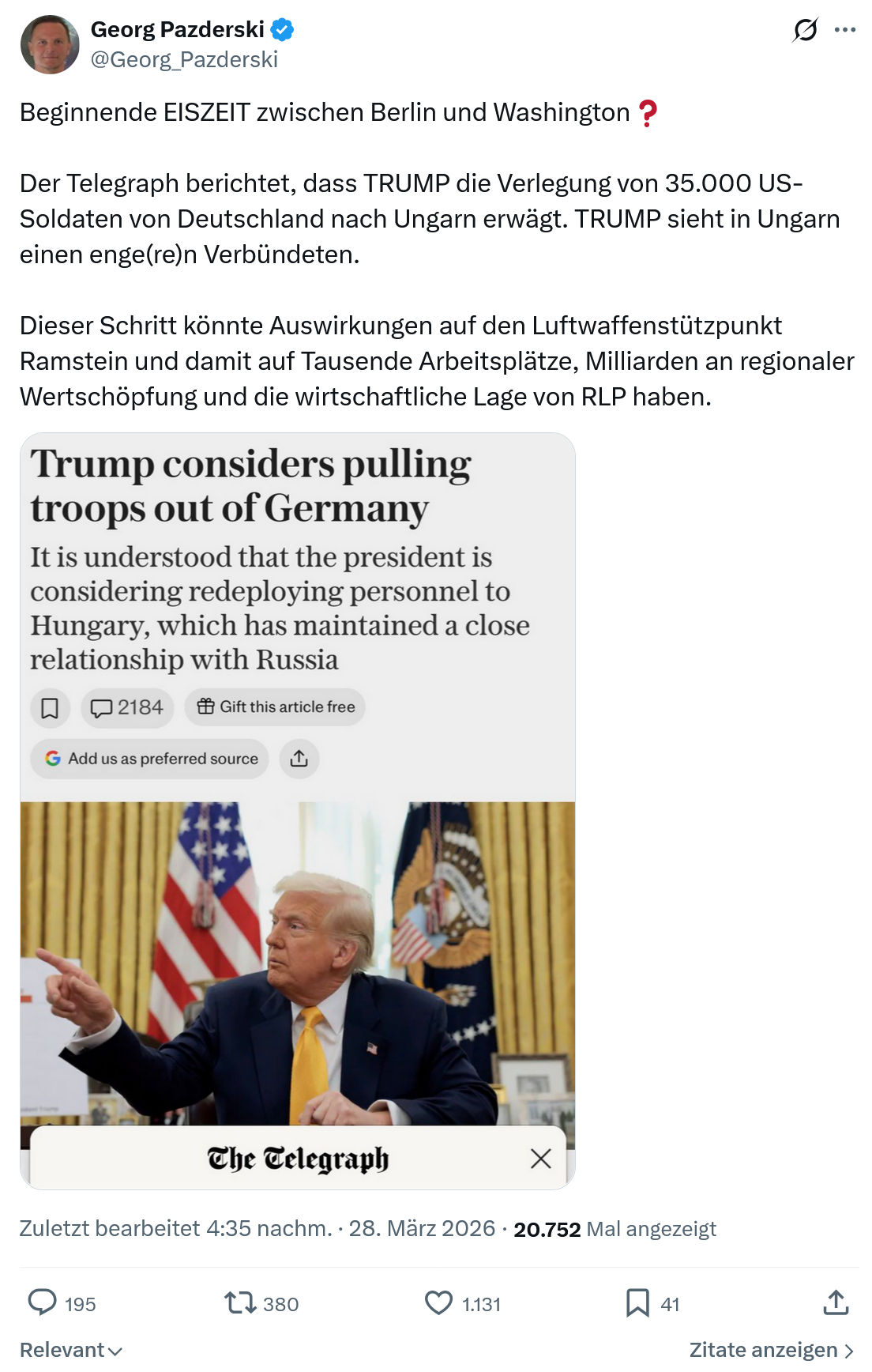 Georg Pazderski: Beginnende EISZEIT zwischen Berlin und Washington…