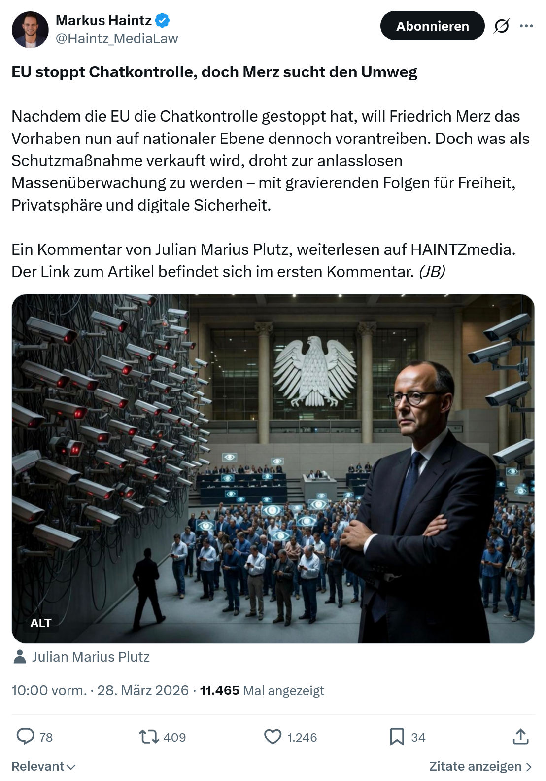 Markus Haintz: EU stoppt Chatkontrolle, doch Merz sucht den Umweg…