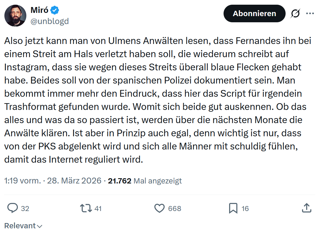 Miro Wolsfeld: Also jetzt kann man von Ulmens Anwälten lesen…