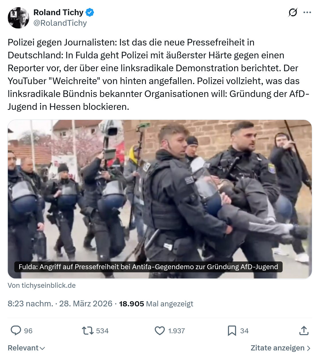 Roland Tichy: Polizei gegen Journalisten…