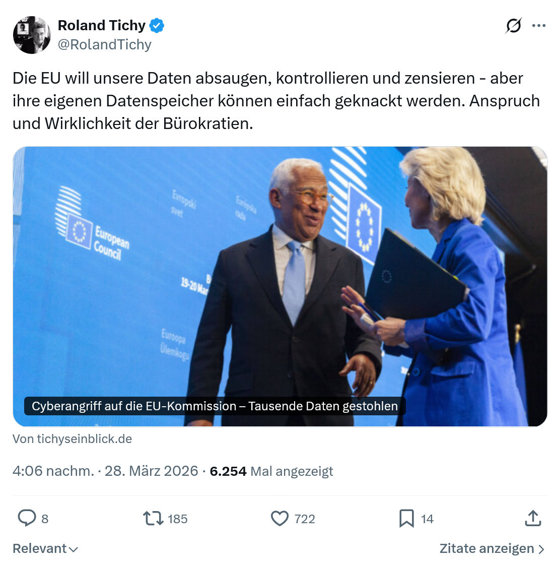 Roland Tichy: Die EU will unsere Daten absaugen…