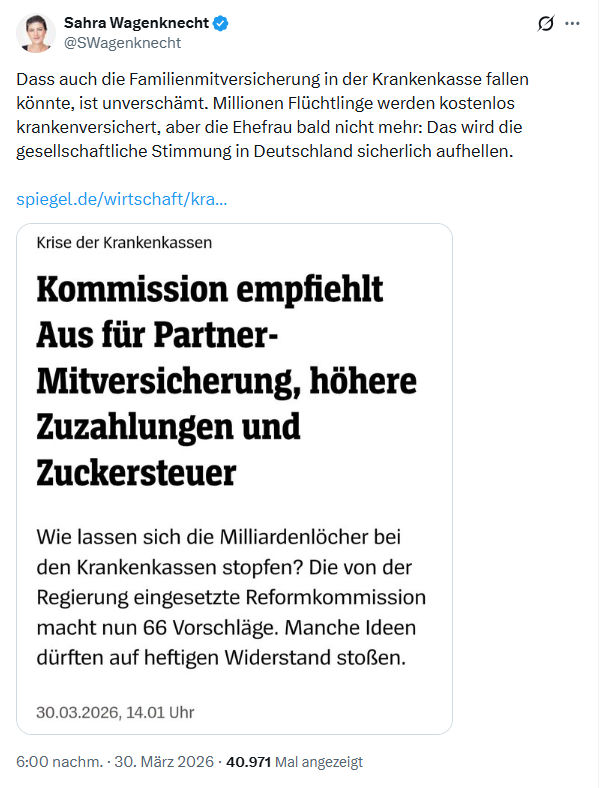 Sahra Wagenknecht: Dass auch die Familienmitversicherung in der Krankenkasse…
