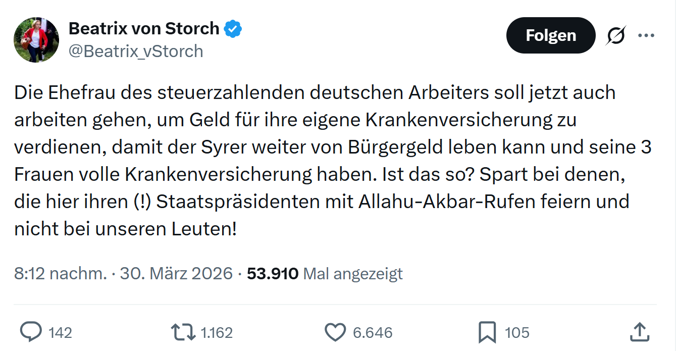Beatrix von Storch: Die Ehefrau des steuerzahlenden deutschen Arbeiters…