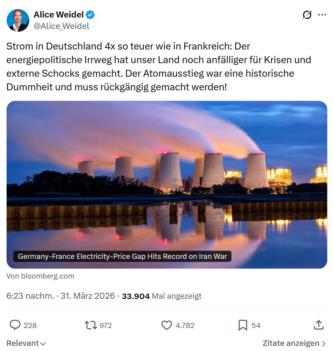 Alice Weidel: Strom in Deutschland 4x so teuer wie in Frankreich…