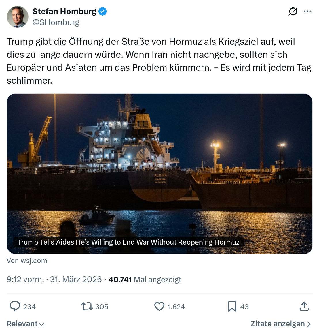 Stefan Homburg: Trump gibt die Öffnung der Straße von Hormuz als Kriegsziel auf…