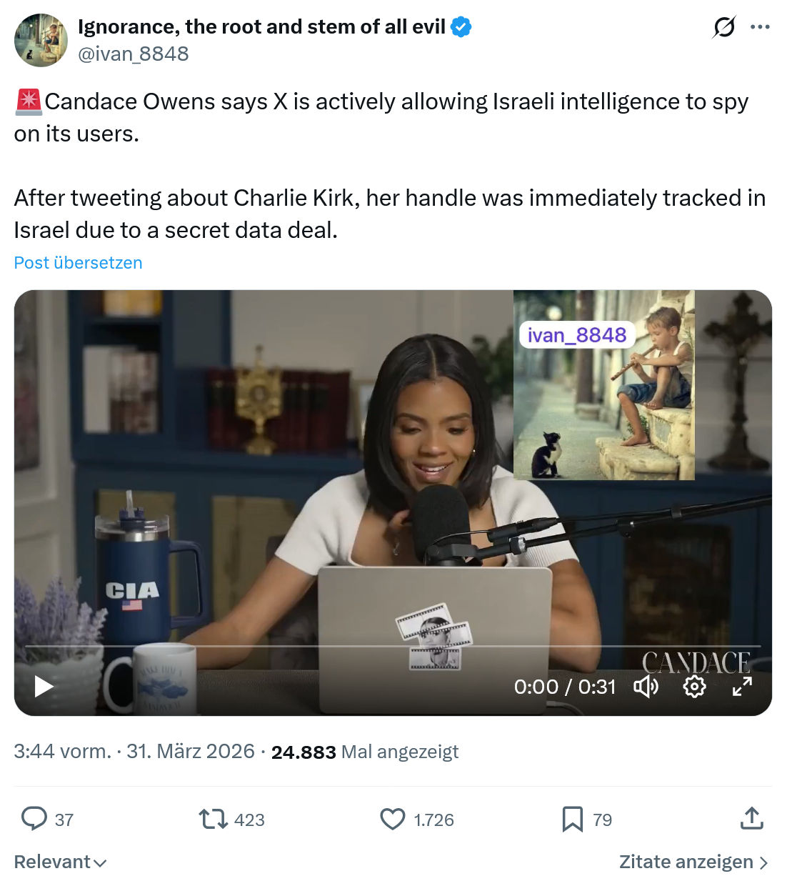 ivan Ignorance: Candace Owens says X is actively allowing Israeli…